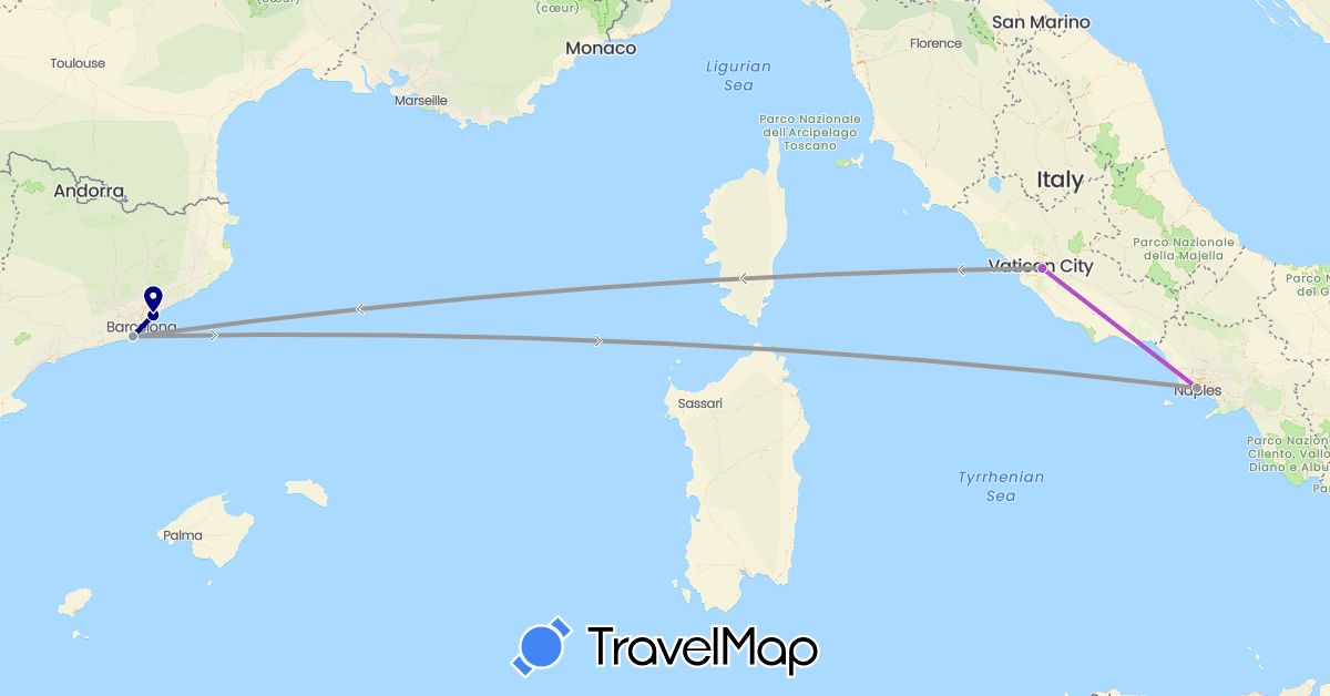 TravelMap itinerary: driving, plane, train in Spain, Italy (Europe)